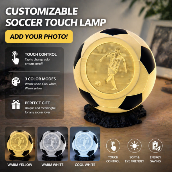 Soccer Photo Lamp, Custom Touch Night Light With 3 Color Modes, Football Lover Gift, Custom Picture LED Table Lamp