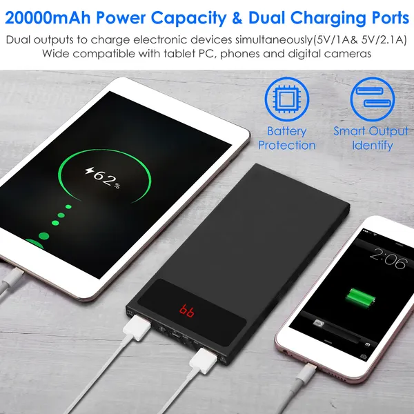 20000mAh Power Bank Ultra Thin External Battery Pack Phone Charger Dual USB Port