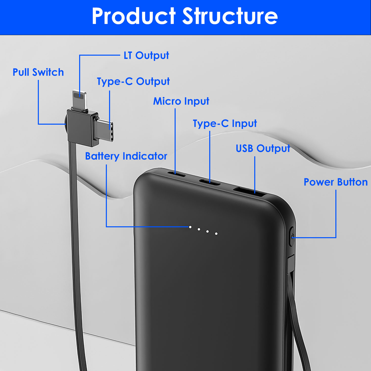 1Pc 10000mAh Power Bank Portable Phone Charger External Battery Pack With LT And