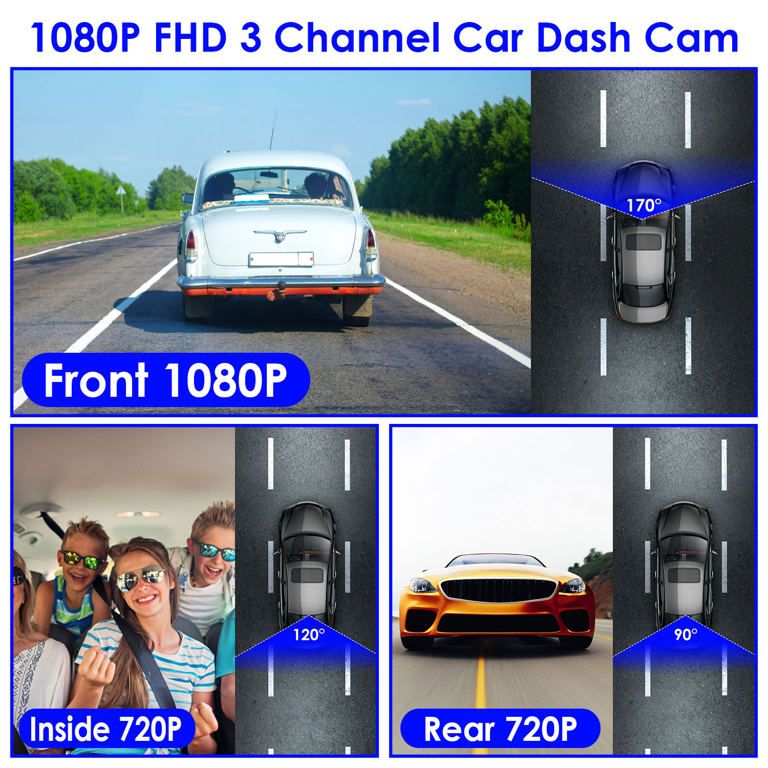 1Pc WiFi FHD 1080P Car Dash Cam 3 Channels Front Rear Inside Dash Camera With Loop Recording Reversing Visual 170 Degree Wide Angle 64G Card Included - Image 5