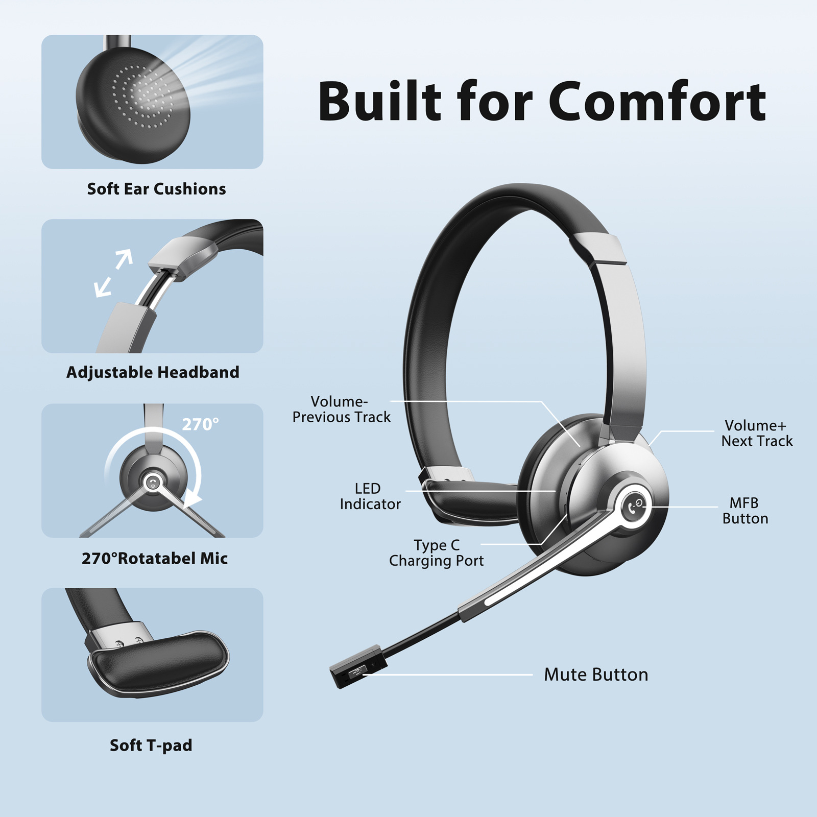 Single-ear Base-mounted Over-ear Bluetooth Wireless Noise-canceling Communication Headset - Image 3