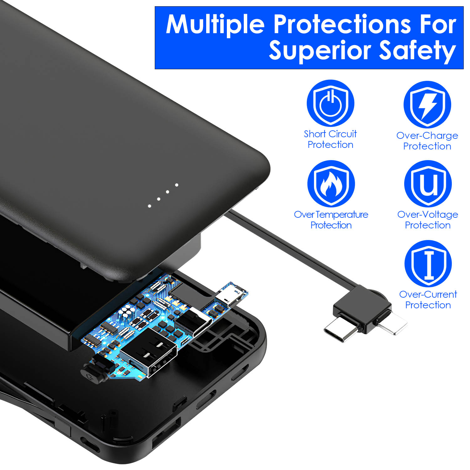 1Pc 10000mAh Power Bank Portable Phone Charger External Battery Pack With LT And