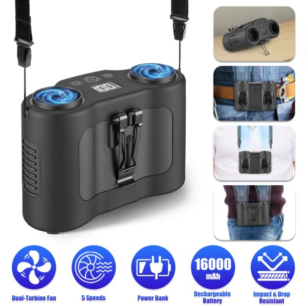 16000mAh 4 In 1 Dual Turbine Waist Clip Fan Wearable Personal Fan Hands Free With 5 Speeds LCD Display Lanyard Double As Power Bank For Jobsites Camping Hiking
