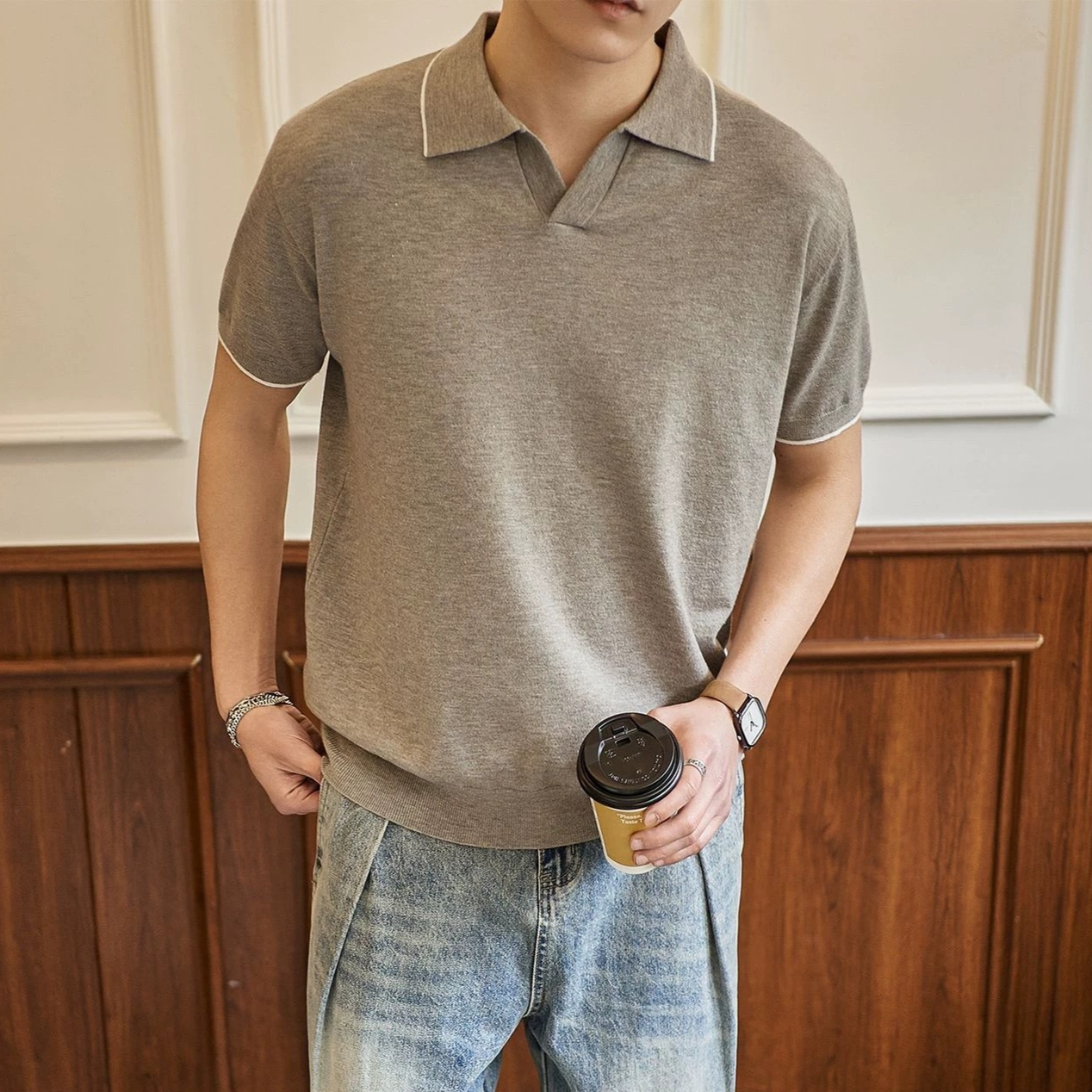 Japanese Style Colorblock Vneck Drapey Breathable Tshirt