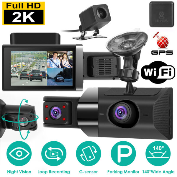 2K Car DVR 3 Channel Dash Cam Camcorder Camera Recorder With 140 Degree Angle GPS WiFi Night Vision G-sensor Loop Recording Parking Monitor
