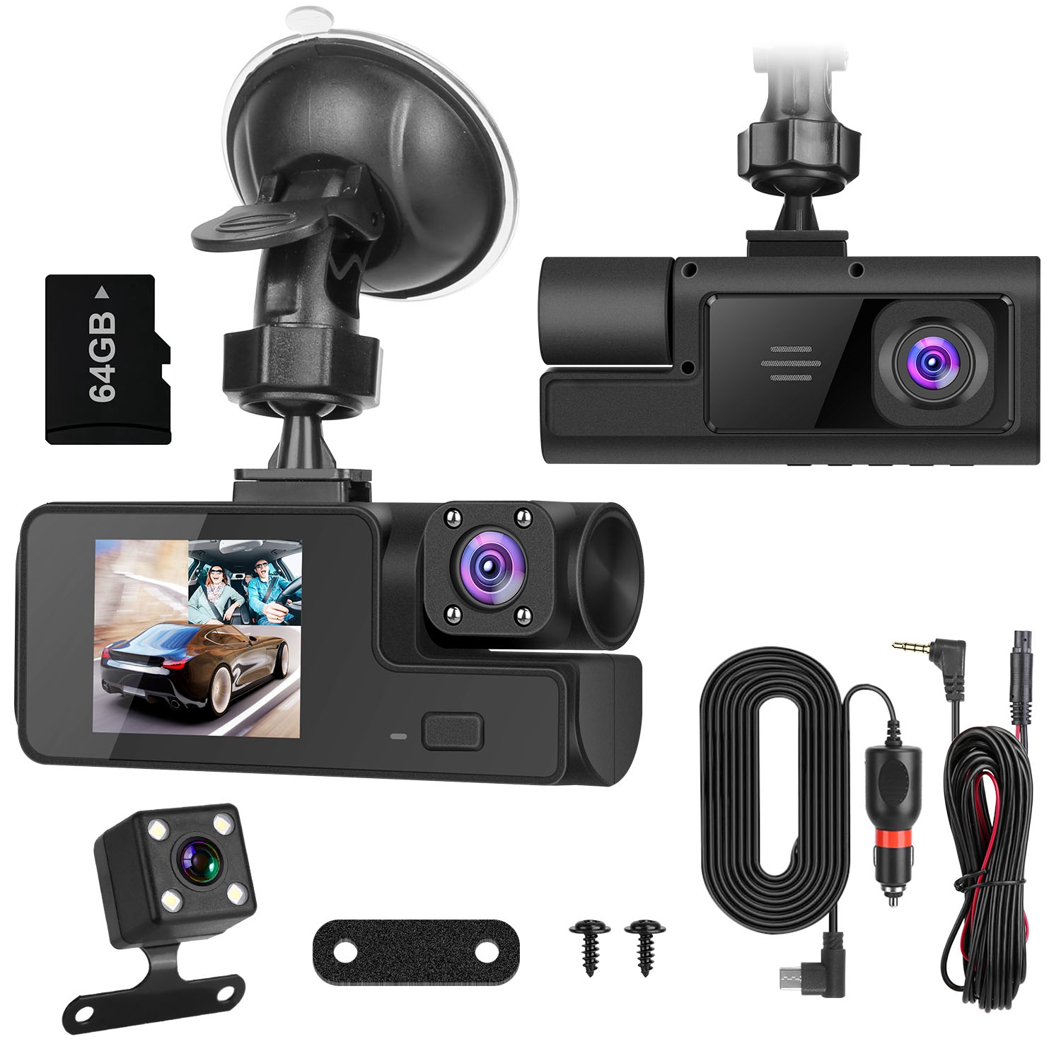 1Pc WiFi FHD 1080P Car Dash Cam 3 Channels Front Rear Inside Dash Camera With Loop Recording Reversing Visual 170 Degree Wide Angle 64G Card Included - Image 2