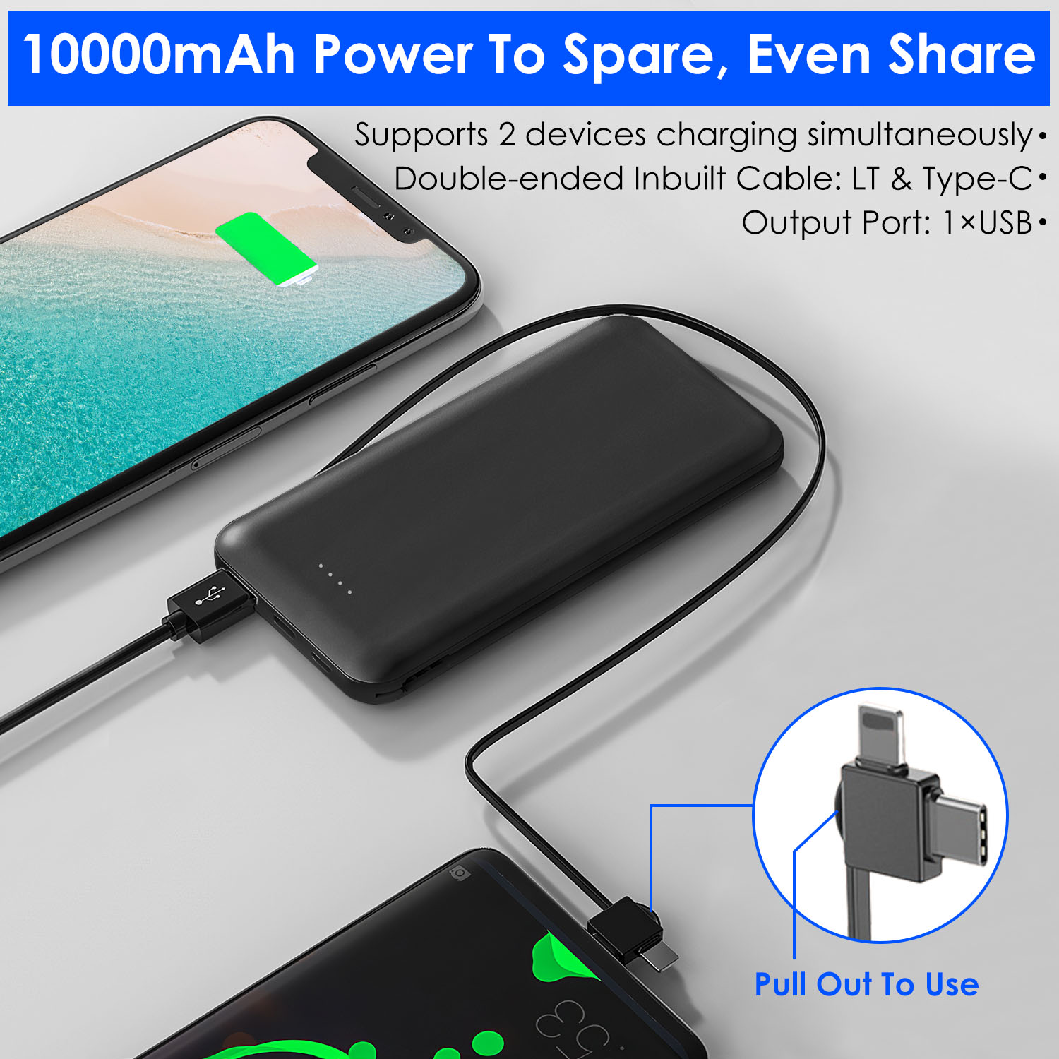 1Pc 10000mAh Power Bank Portable Phone Charger External Battery Pack With LT And