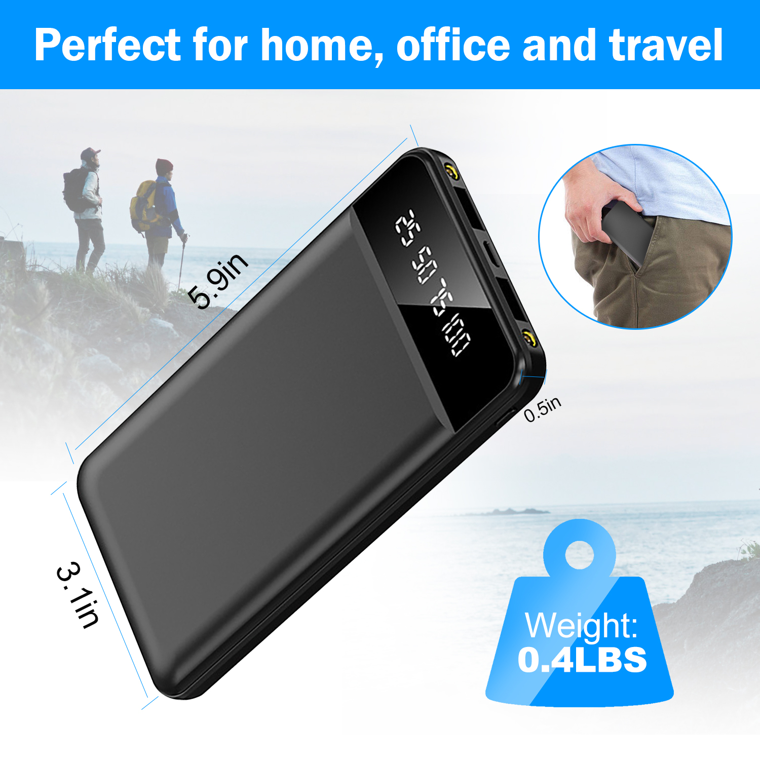 1Pc 10000mAh Power Bank Portable Ultra Slim Charger External Battery Pack With 2