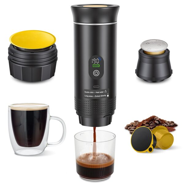 3 In 1 Portable Espresso Machine Cordless Mother Day Self Heating Coffee Maker With 7500mAh Battery Heating 20Bar Pressure Anti Dry Burn Fit For Ground Coffee Capsules For Camping Hiking RV Home