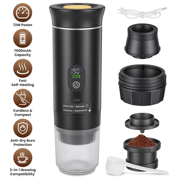 3-in-1 Portable Espresso Machine Cordless Self-Heating Coffee Maker With 7500mAh Battery 20Bar Press - FastPickStore