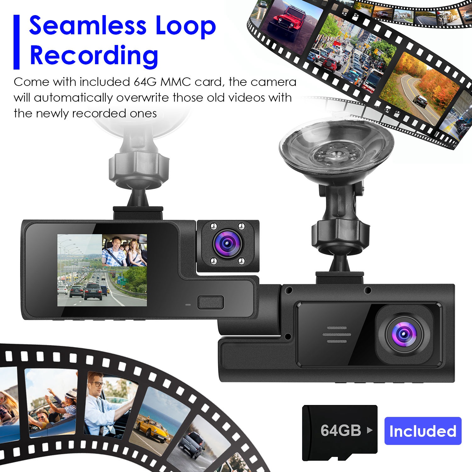 1Pc WiFi FHD 1080P Car Dash Cam 3 Channels Front Rear Inside Dash Camera With Loop Recording Reversing Visual 170 Degree Wide Angle 64G Card Included - Image 3